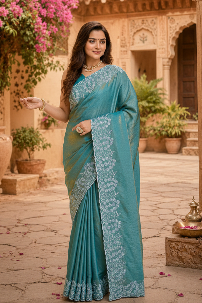 Satin Embroidery Work Saree With Unstitched Blouse(Blue)