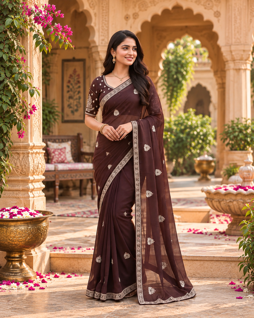 Rangoli Silk Embroidery Work Saree With Unstitched Blouse(Brown)