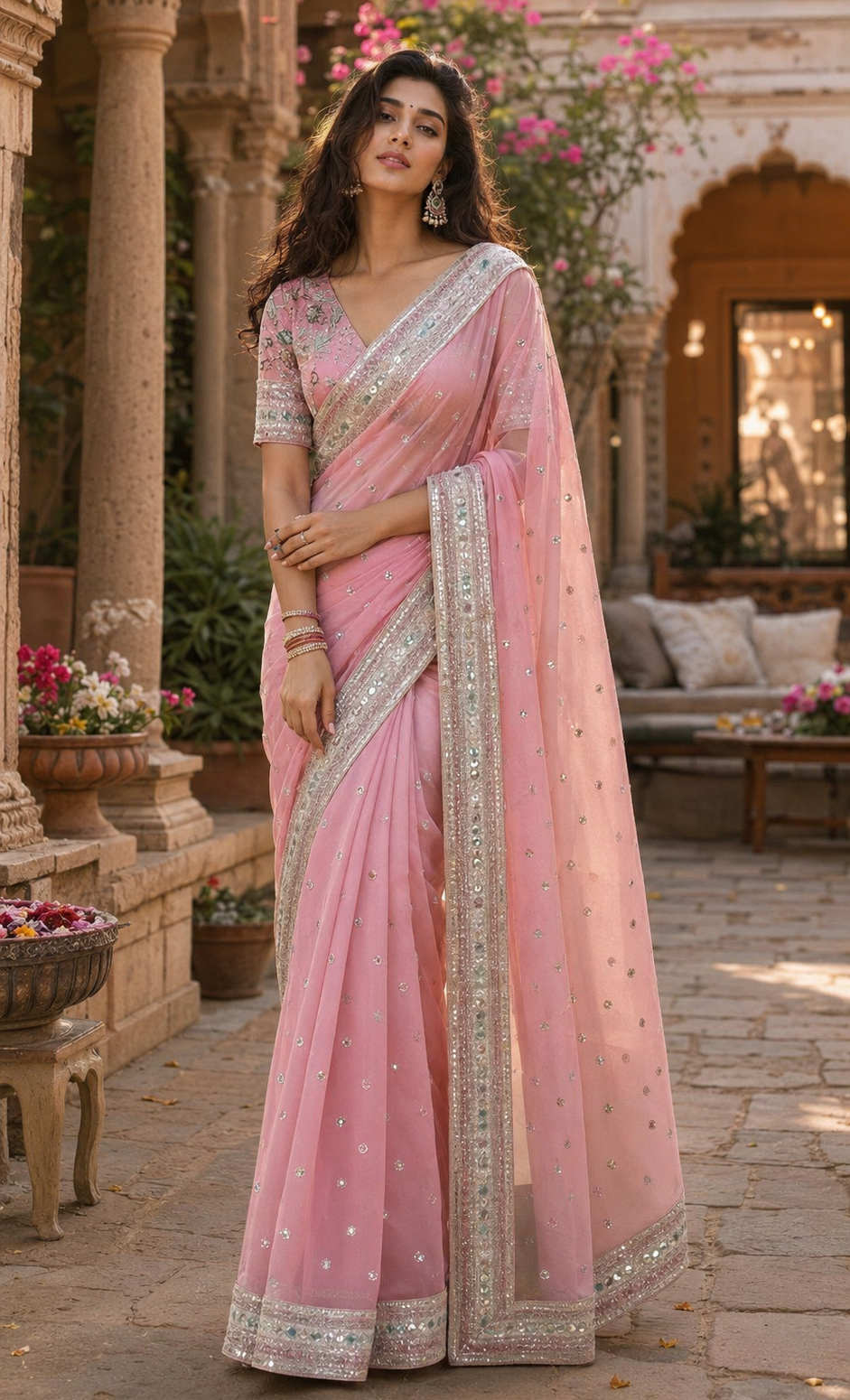 Organza Silk Embroidery Work Saree With Unstitched Blouse(Pink)