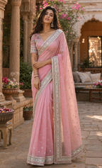 Organza Silk Embroidery Work Saree With Unstitched Blouse(Pink)