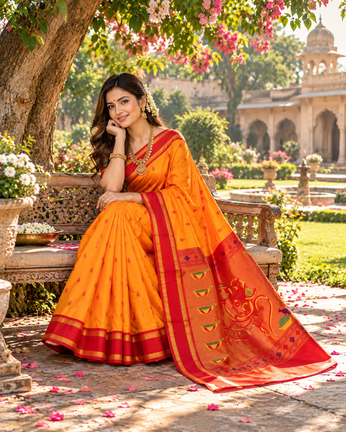 Premium Paithani Katan Silk Butti Saree With Zari Border Unstitched Blouse (Orange)