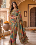 Modal Crepe Silk Mirror Work Saree With Unstitched Blouse(Green)