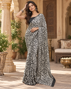 Satin Silk Printed Saree With Unstitched Blouse(White Rose)
