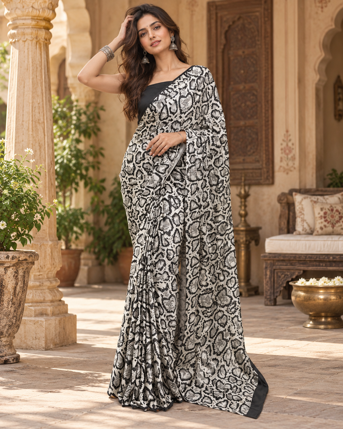 Satin Silk Printed Saree With Unstitched Blouse(White Rose)