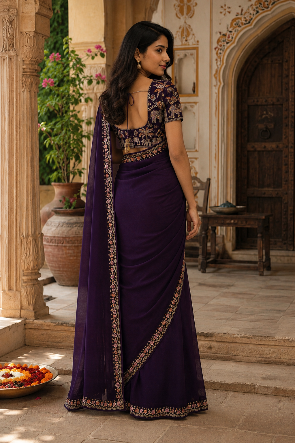 Sequins Embroidery Georgette Saree With Unstitched Blouse(Wine)