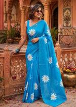 Load image into Gallery viewer, Mulmul Cotton Floral Printed Saree With Unstitched Blouse(Sky)
