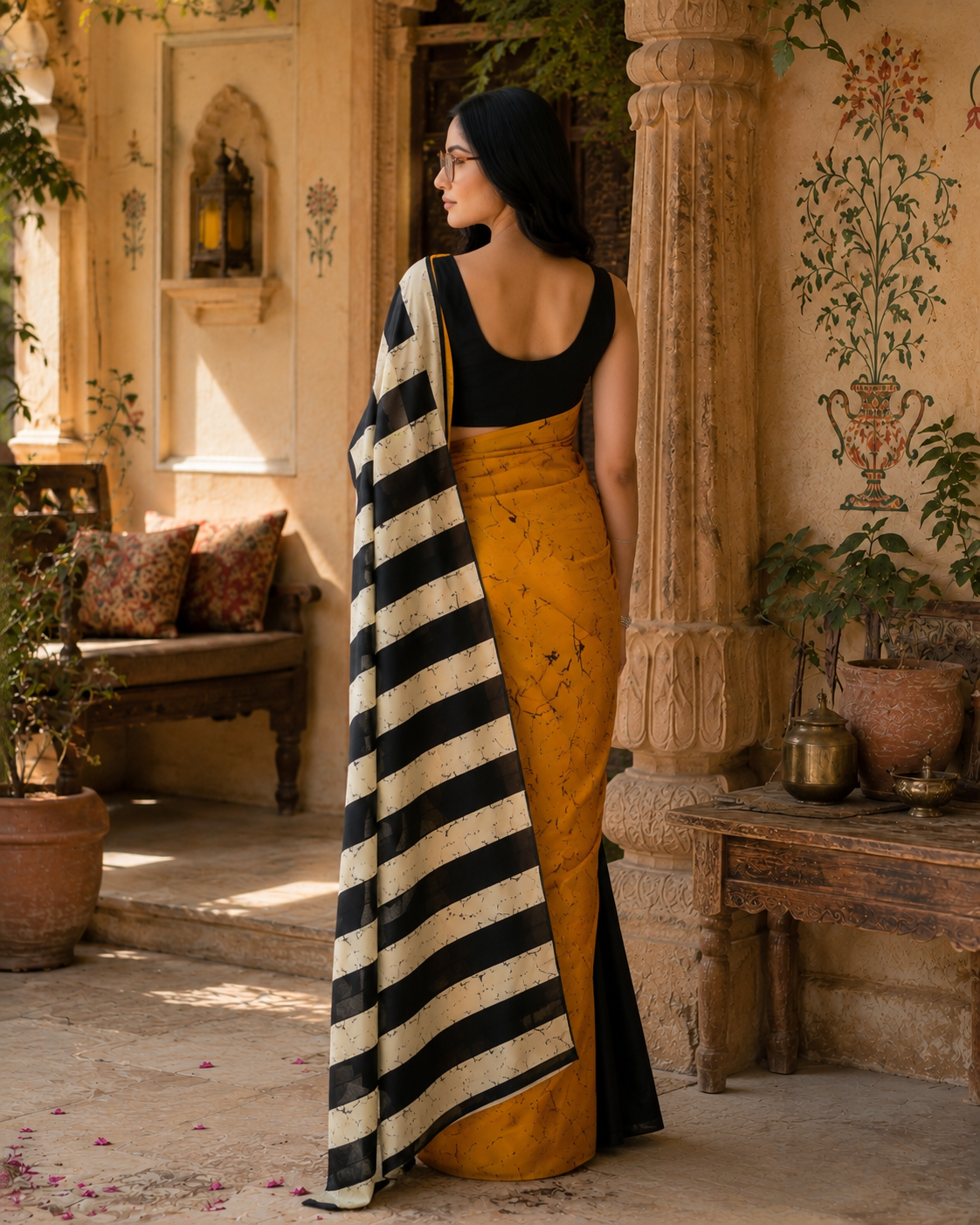 Satin Silk Printed Saree With Unstitched Blouse(Yellow)