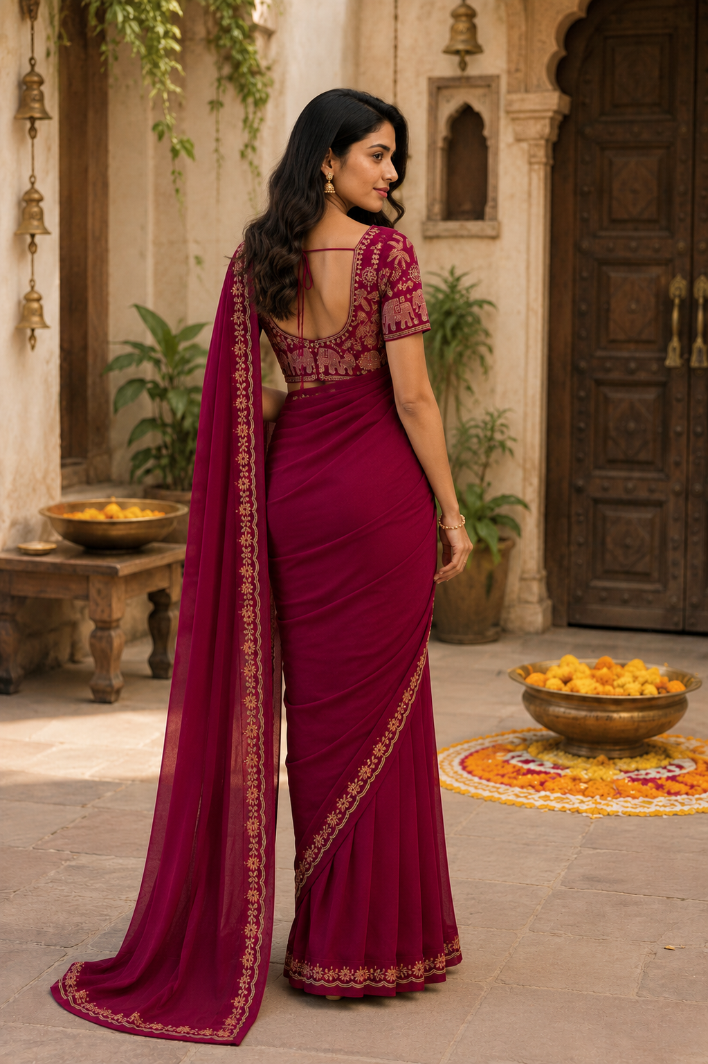 Sequins Embroidery Georgette Saree With Unstitched Blouse(Rani)