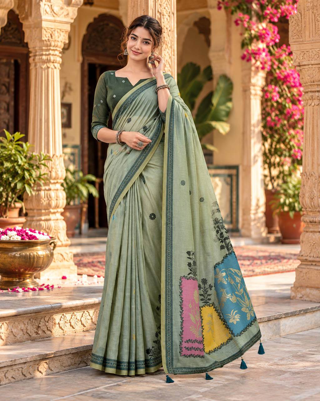 Premium Cotton Printed Saree With Unstitched Blouse(Green)