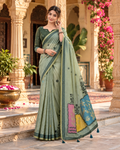 Premium Cotton Printed Saree With Unstitched Blouse(Green)