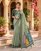 Premium Cotton Printed Saree With Unstitched Blouse(Green)