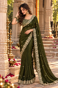 Satin Silk Embroidery Work Saree With Unstitched Blouse(Mehendi)