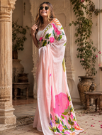 Cotton Floral Printed Saree With Unstitched Blouse(White)