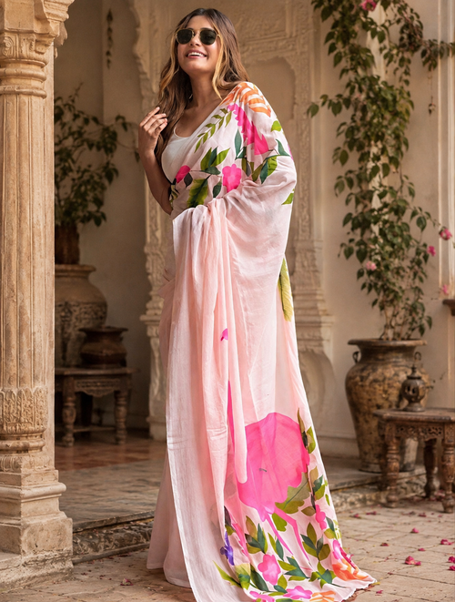 Cotton Floral Printed Saree With Unstitched Blouse(White)