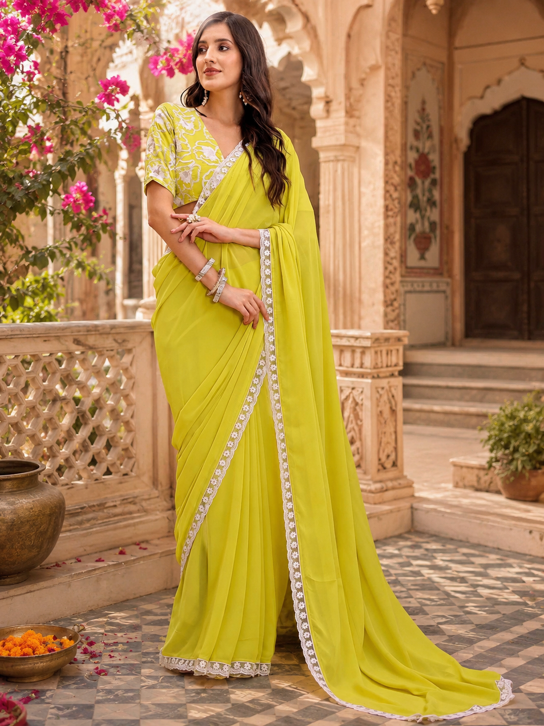 Georgette Embroidery Work Saree With Unstitched Blouse(Lemon Yellow)
