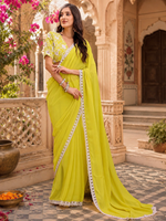Load image into Gallery viewer, Georgette Embroidery Work Saree With Unstitched Blouse(Lemon Yellow)
