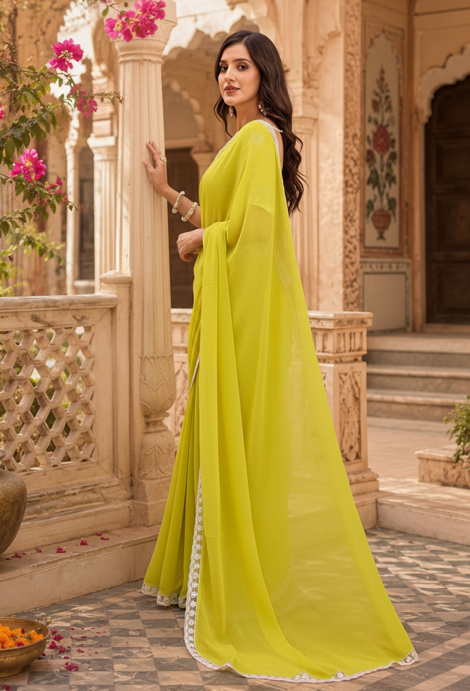 Georgette Embroidery Work Saree With Unstitched Blouse(Lemon Yellow)