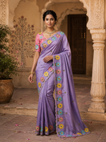 Load image into Gallery viewer, Crepe Silk Embroidery Work Zari Border Saree With Unstitched Blouse(Lavender)
