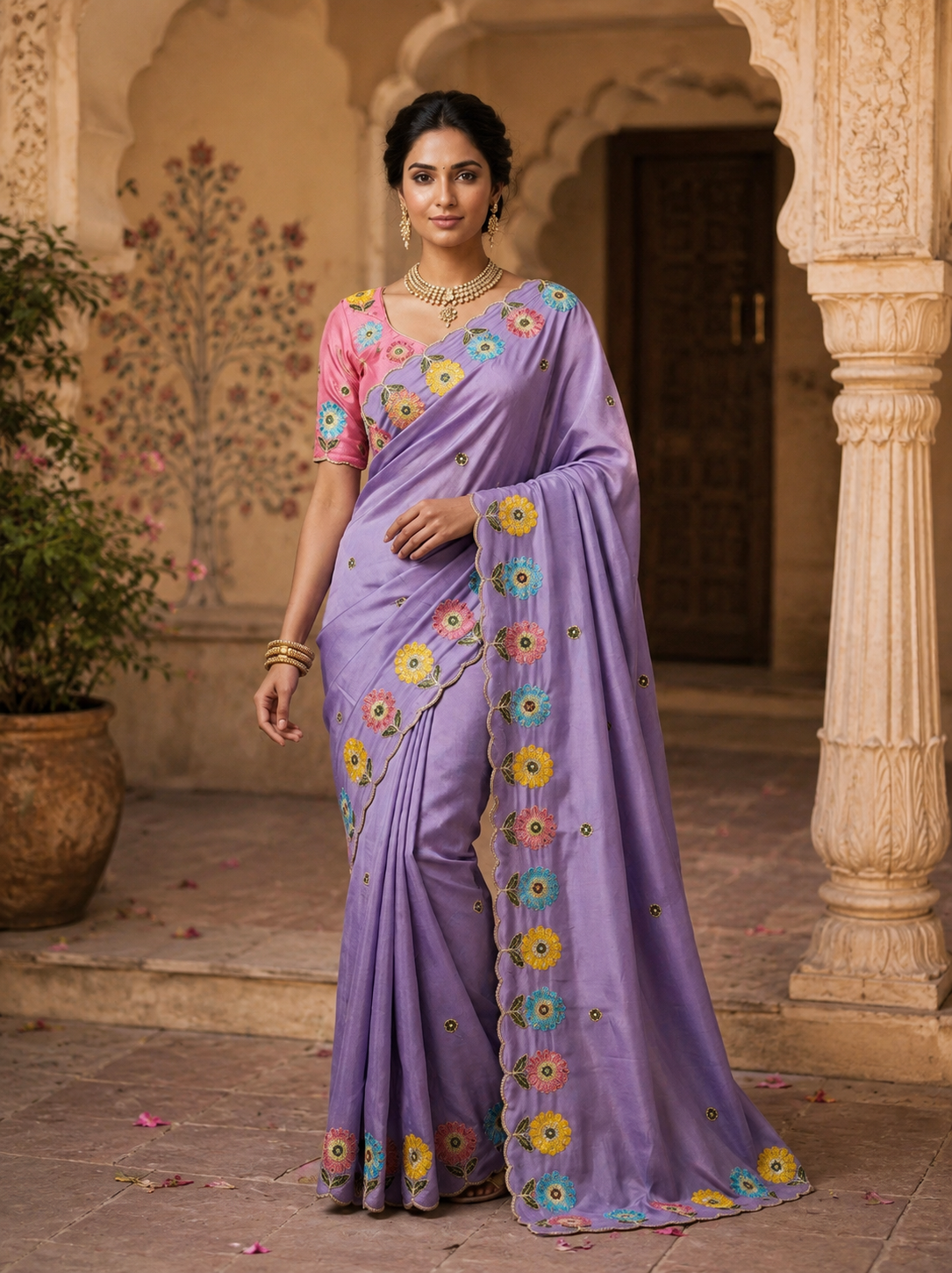 Crepe Silk Embroidery Work Zari Border Saree With Unstitched Blouse(Lavender)