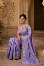Crepe Silk Embroidery Work Zari Border Saree With Unstitched Blouse(Lavender)