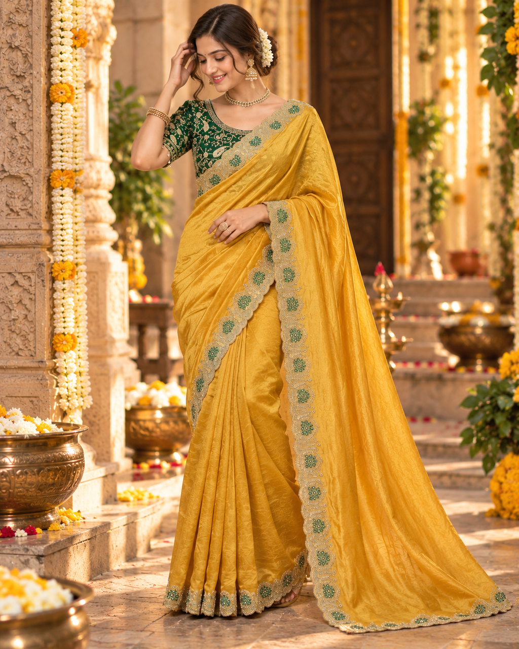Satin Silk Zari Embroidery Sequin Work Saree With Unstitched Blouse(Mustard)