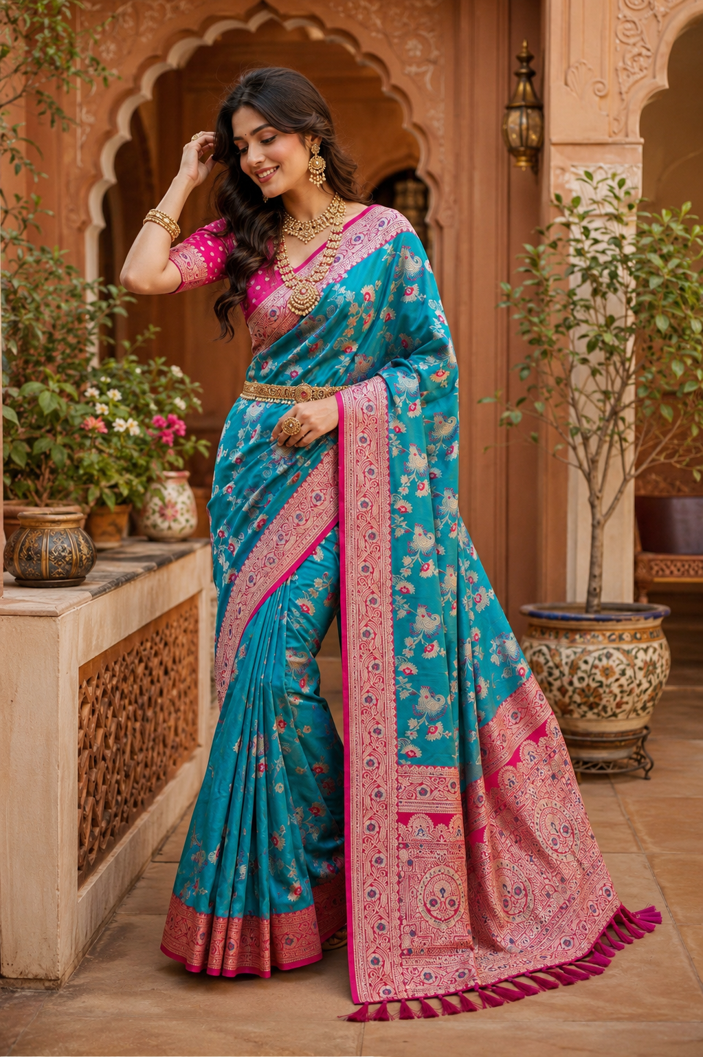 Soft Silk Banarasi Saree With Unstitched Blouse(Blue)