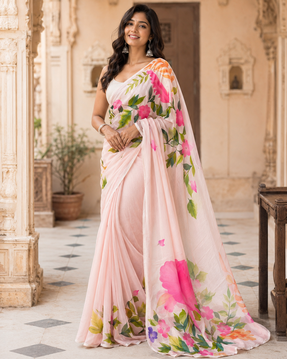 Cotton Floral Printed Saree With Unstitched Blouse(White)