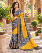 Tussar Silk Kalamkari Print Saree With Unstitched Blouse(Yellow)