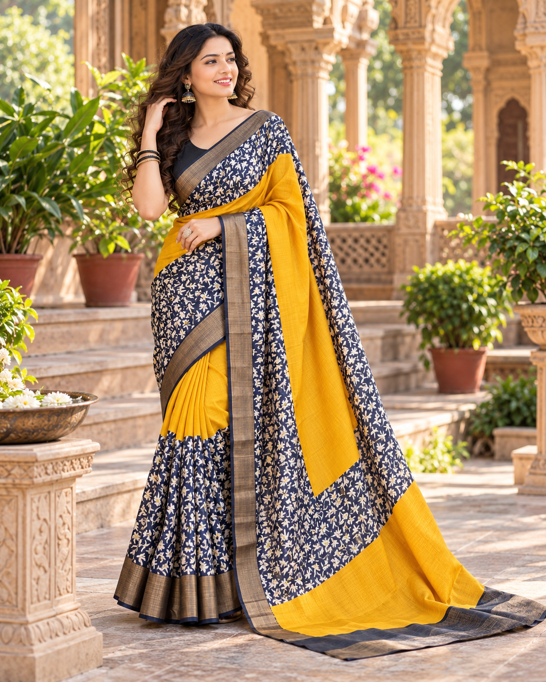 Tussar Silk Kalamkari Print Saree With Unstitched Blouse(Yellow)