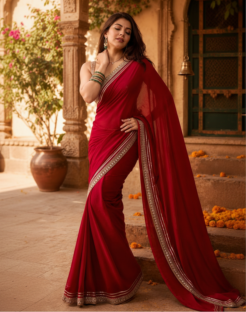 Satin Silk Embroidery Work Saree With Unstitched Blouse(Red)