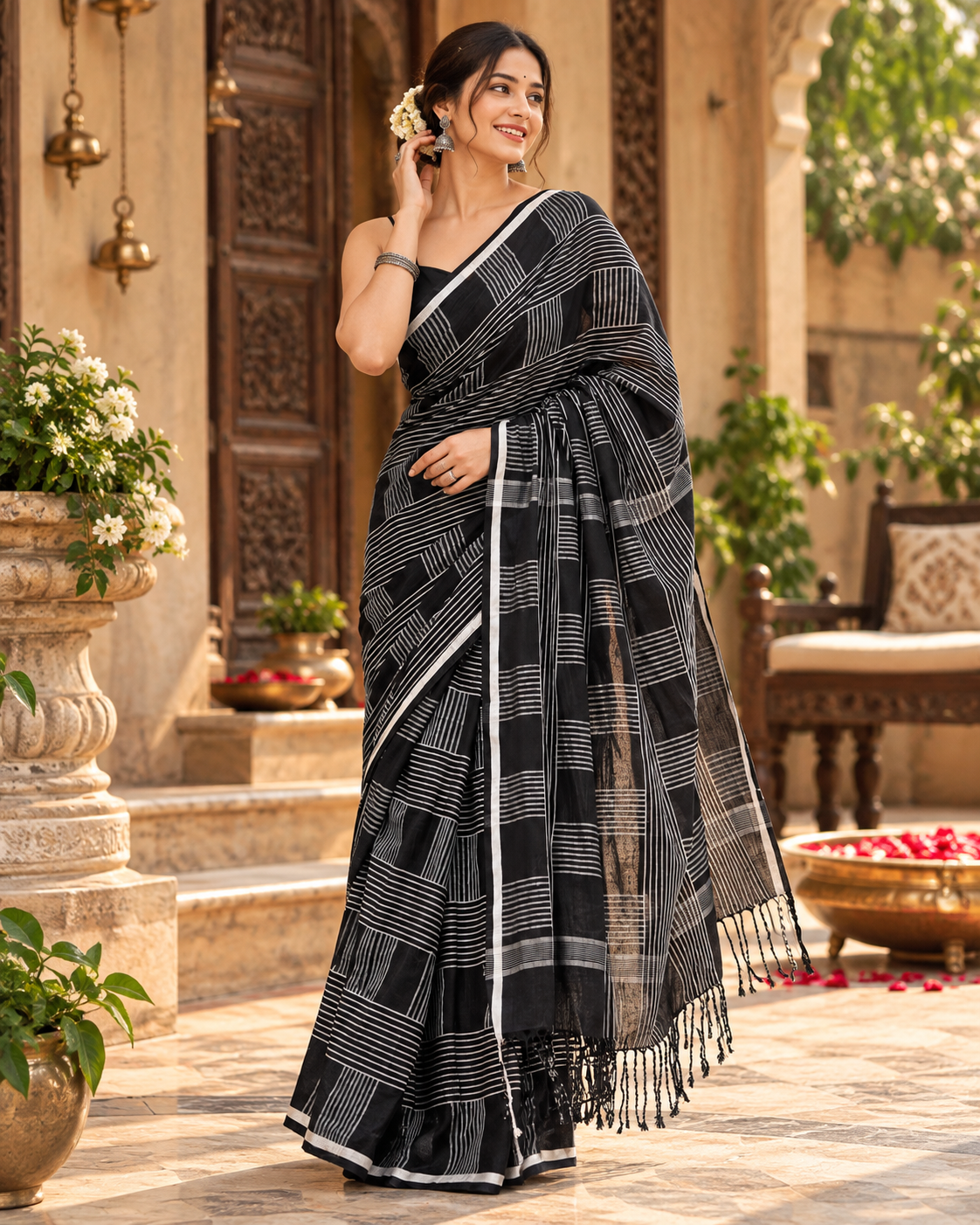 Premium Cotton Printed Saree With Unstitched Blouse(Black)