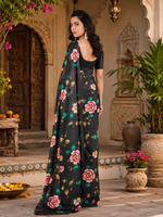 Load image into Gallery viewer, Soft Georgette Satin Floral Printed Saree With Unstitched Blouse(Black)
