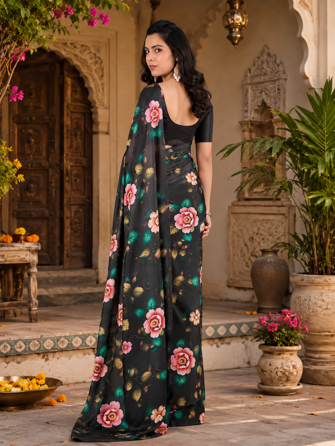Soft Georgette Satin Floral Printed Saree With Unstitched Blouse(Black)