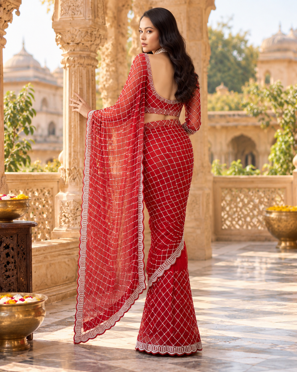 Net Silk Pearl Embroidery Work Premium Saree With Unstitched Blous(Red)