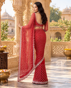Net Silk Pearl Embroidery Work Premium Saree With Unstitched Blous(Red)