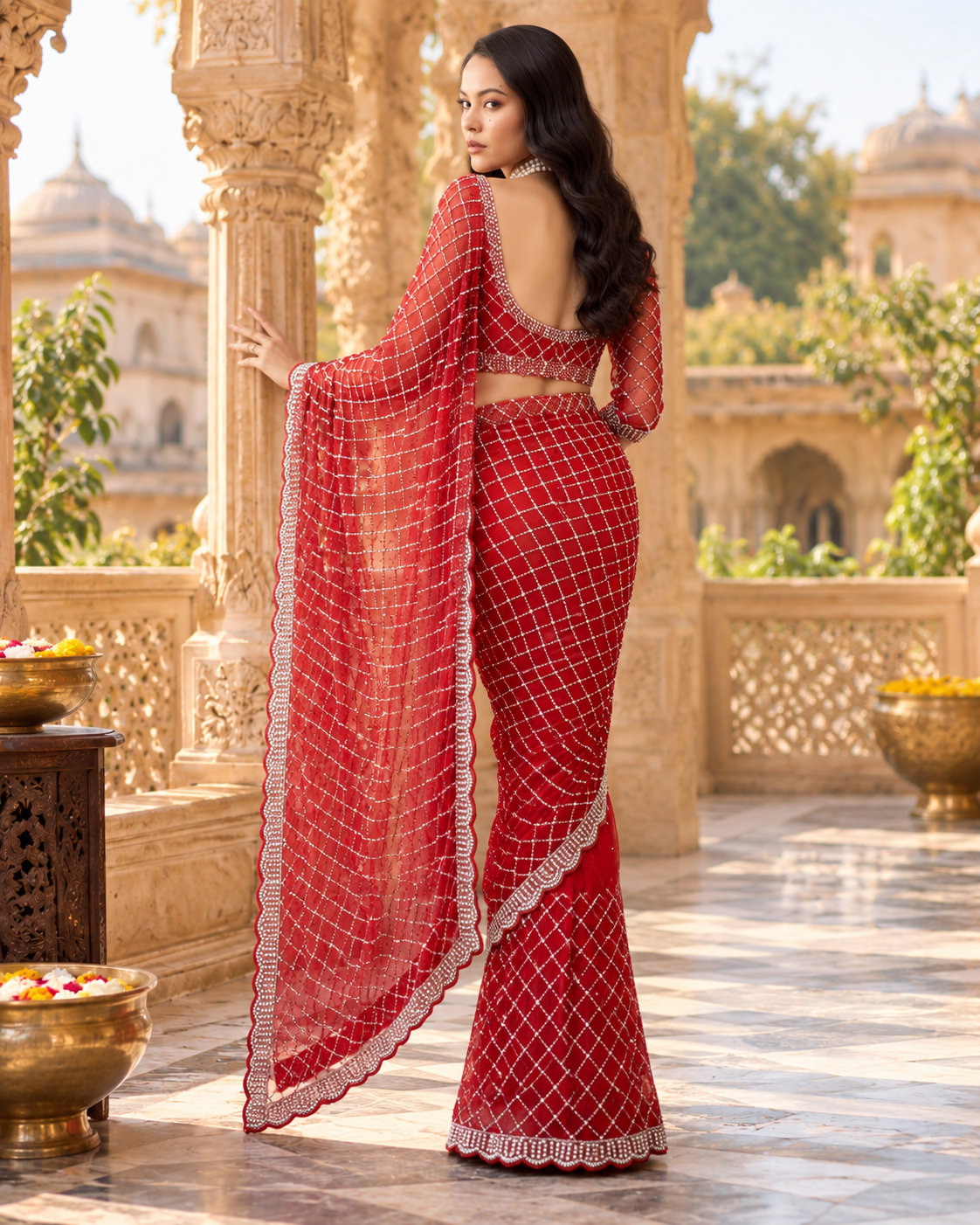 Net Silk Pearl Embroidery Work Premium Saree With Unstitched Blous(Red)