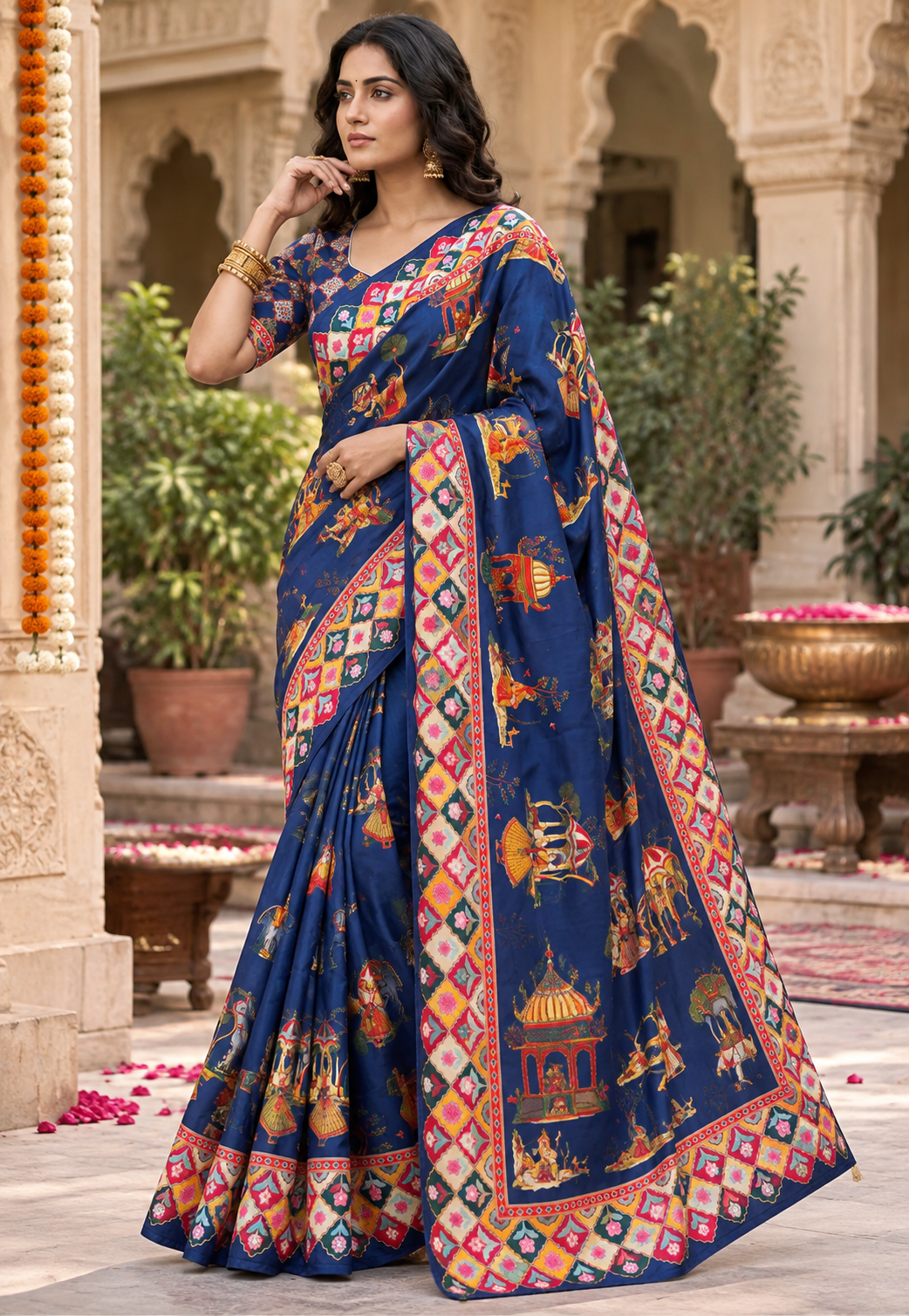Satin Silk Pichwai Print Saree With Unstitched Blouse(Blue)