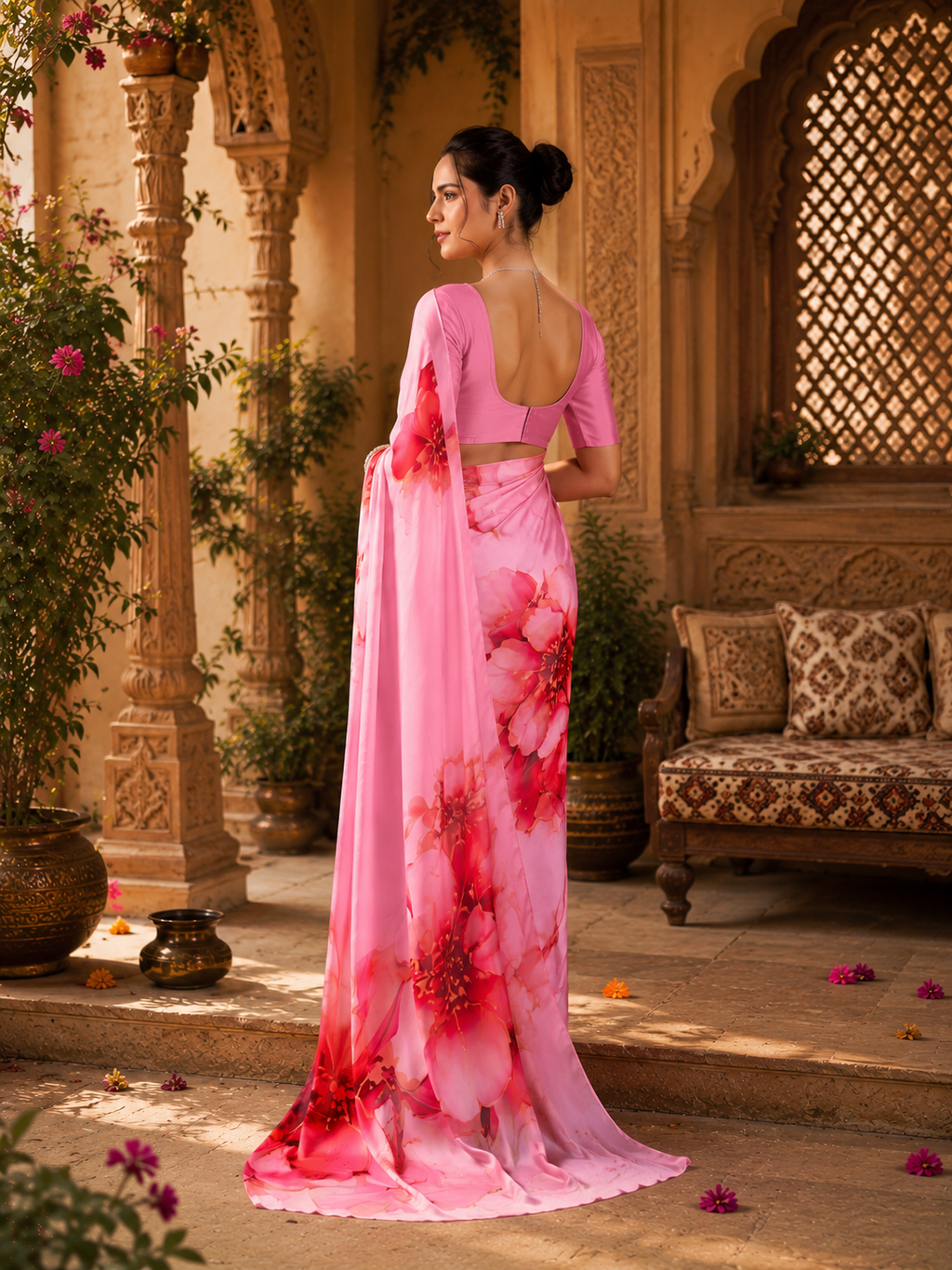 Georgette Satin Floral Printed Saree With Unstitched Blouse(Pink)