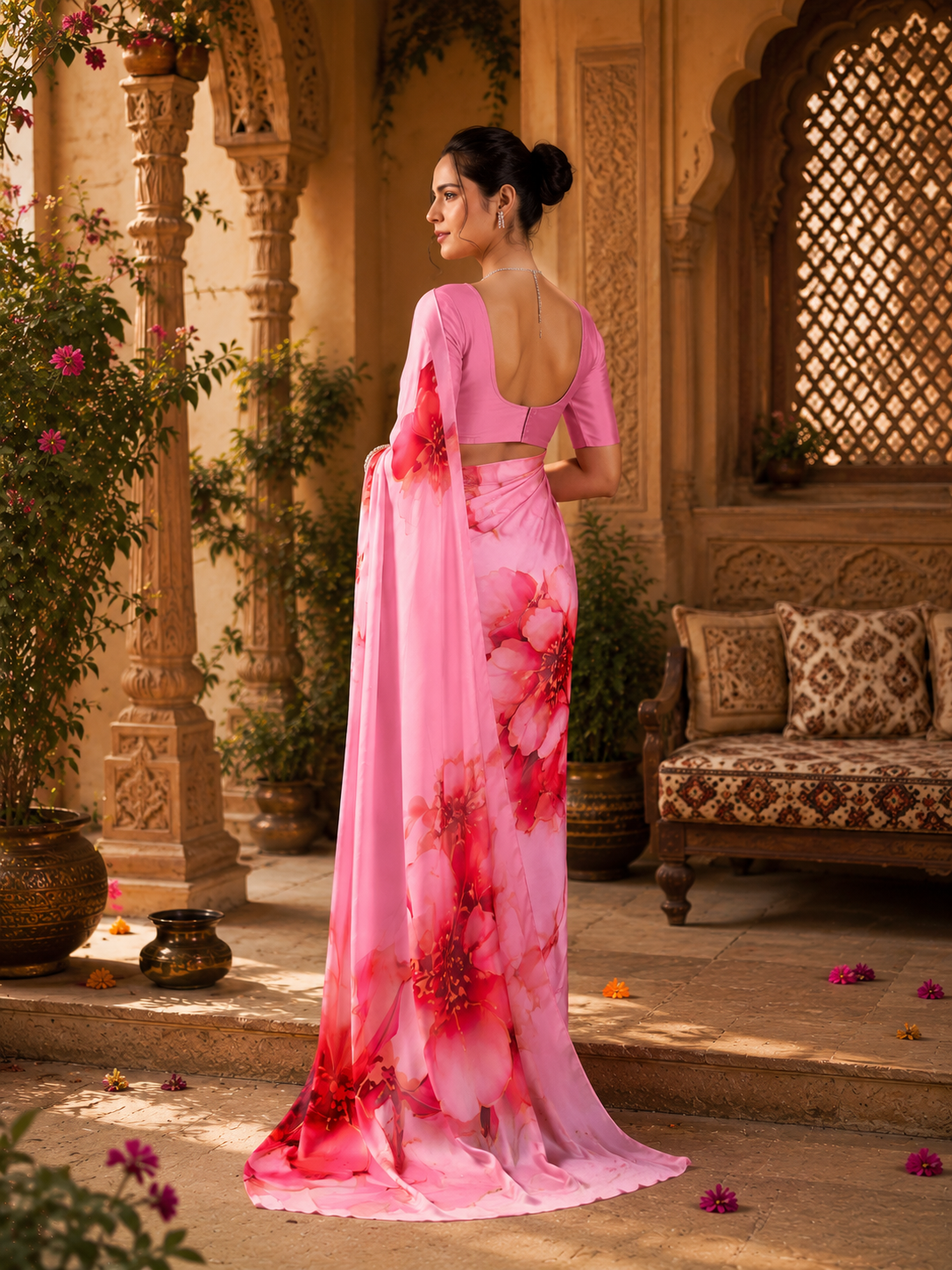 Georgette Satin Floral Printed Saree With Unstitched Blouse(Pink)