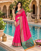 Premium Soft Silk Rangeen Patola Meenakari Saree With Unstitched Blouse (Pink)