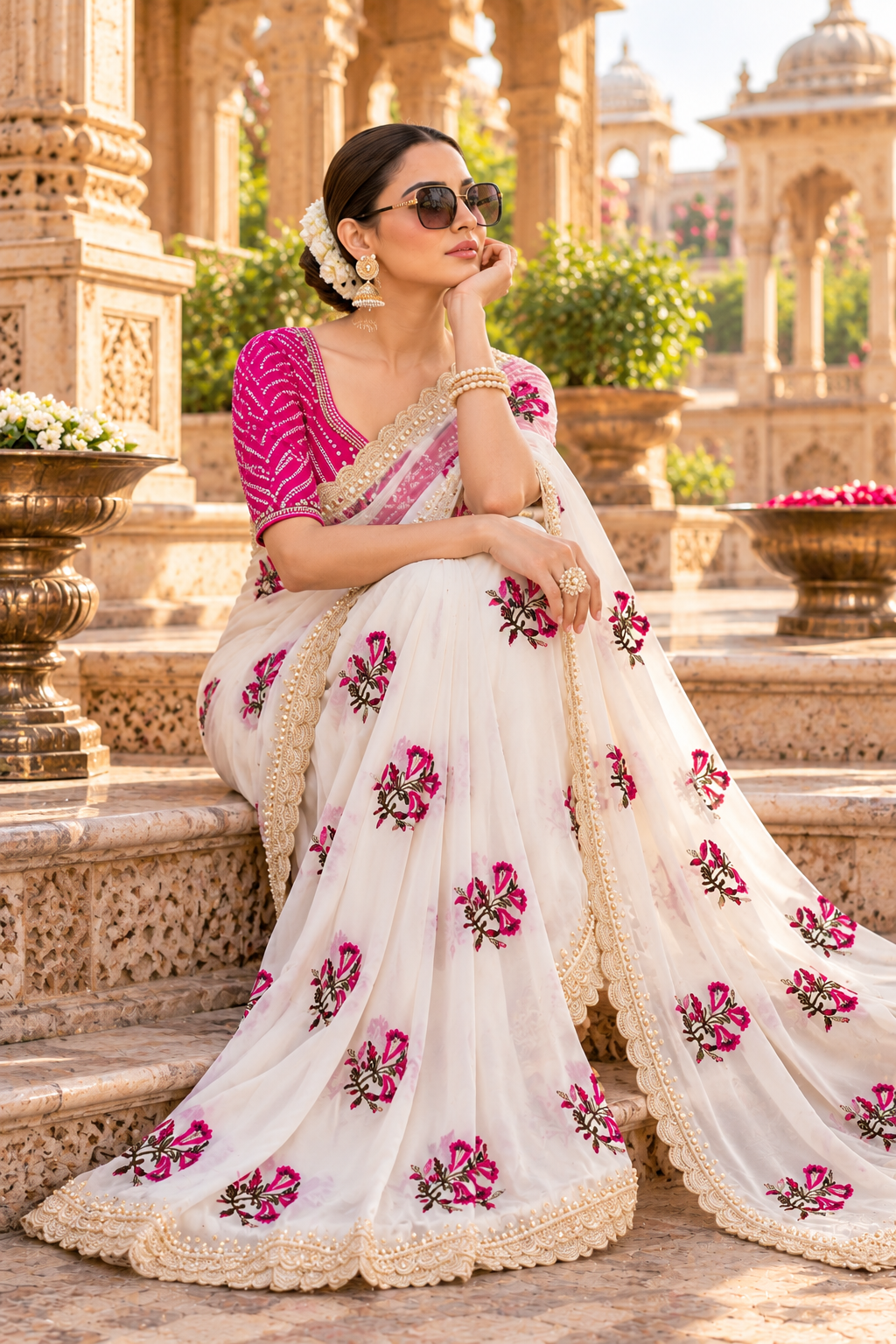 Premium Georgette Embroidery Work Saree With Unstitched Blouse(White)