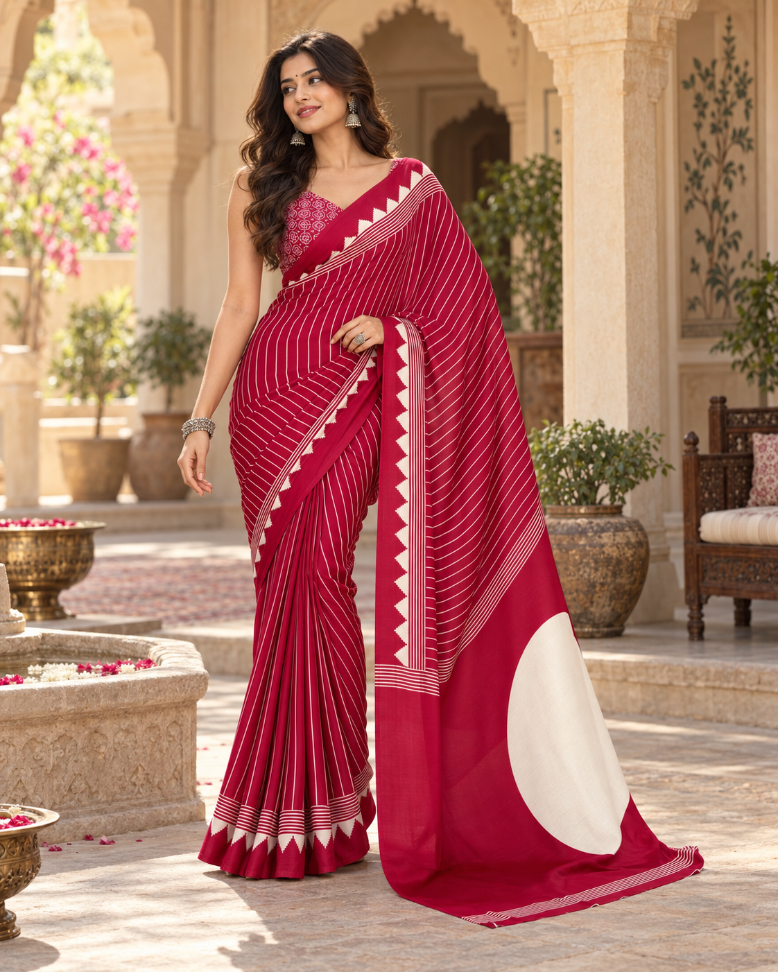 Satin Silk Ajrakh Printed Saree With Unstitched Blouse(Red)