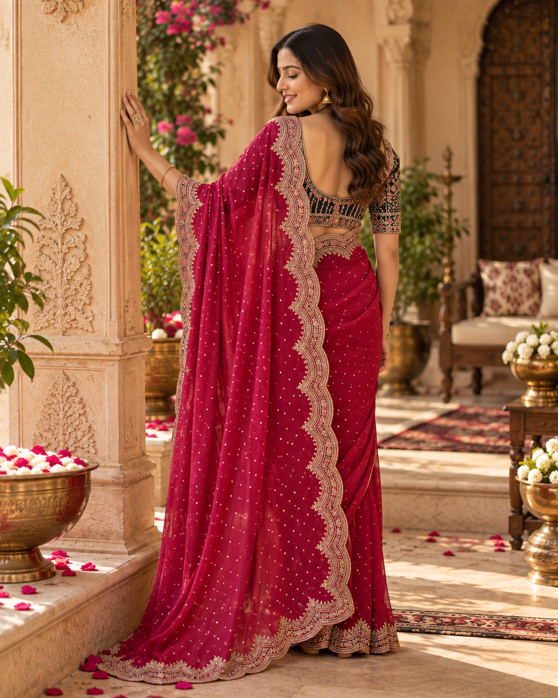Zari Silk Sequins Work Saree With Unstitched Blouse(Red)
