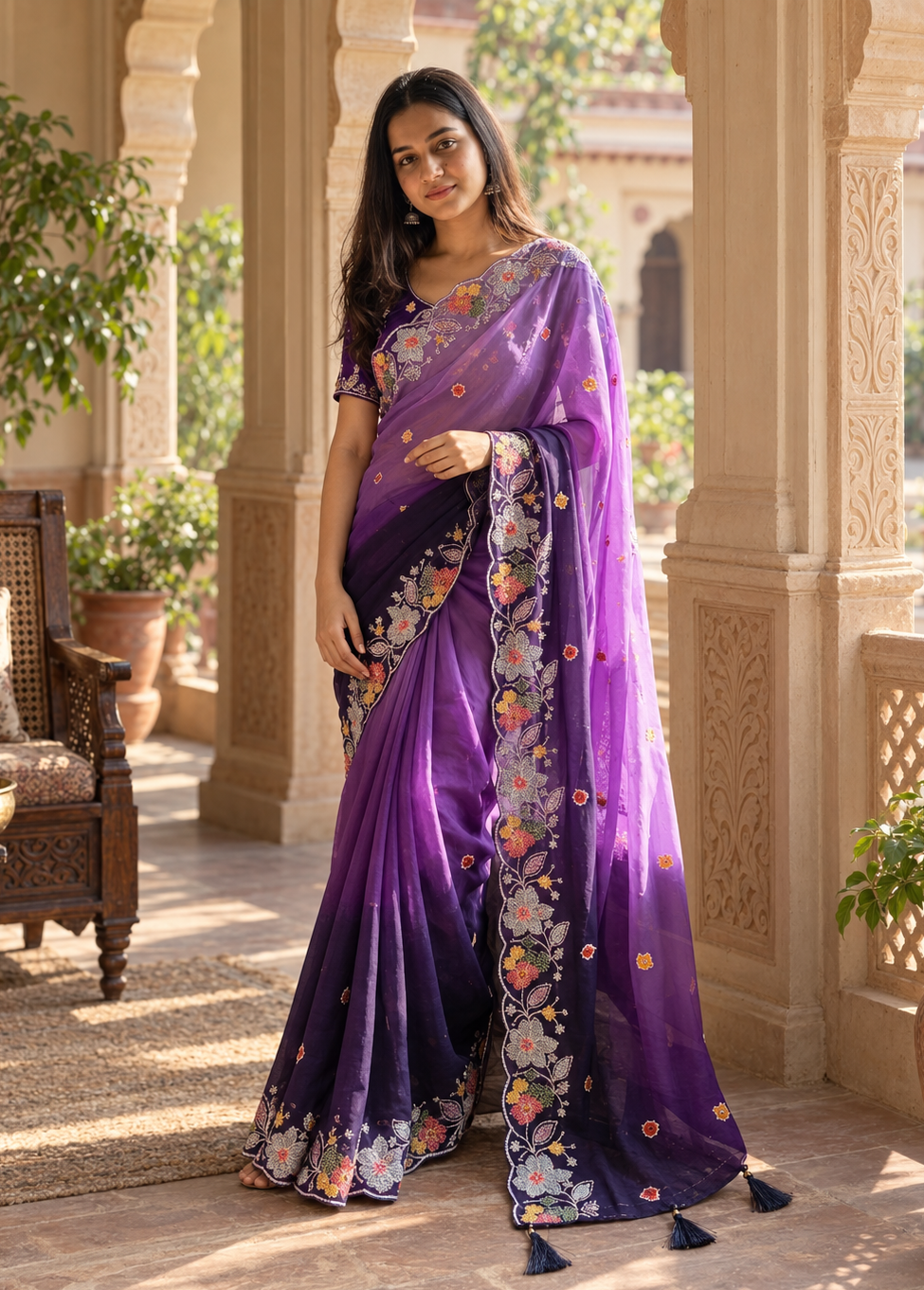 Georgette Embroidery Work Saree With Unstitched Blouse(Purple)