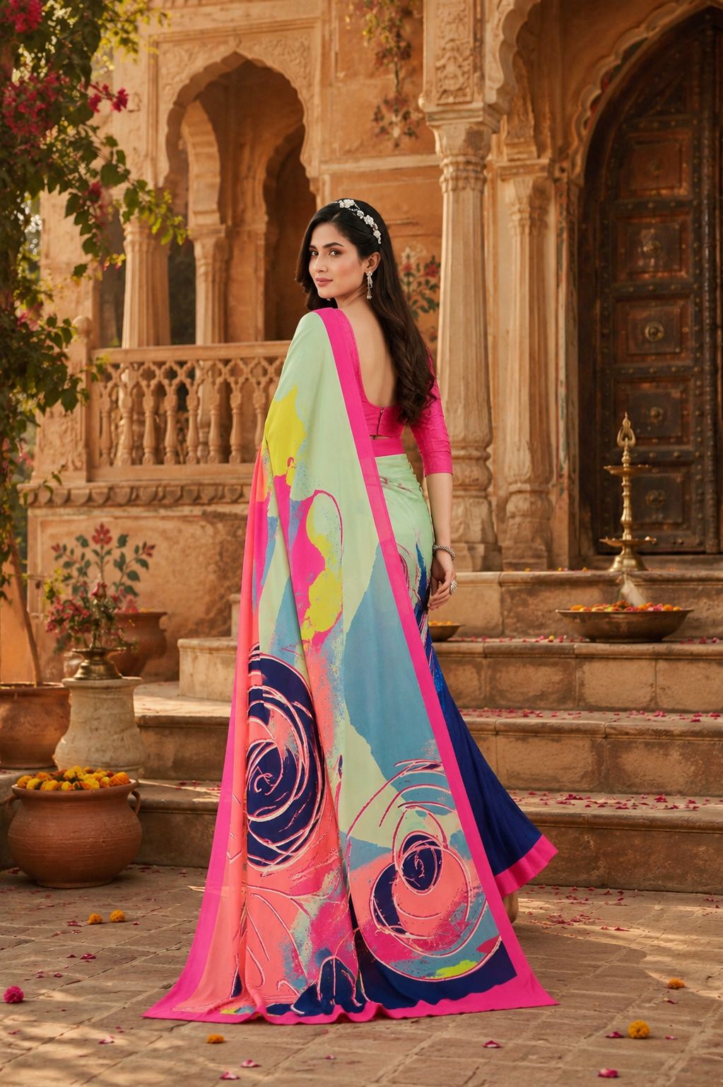 Soft Crepe Silk Digital Print Saree With Unstitched Blouse(Pink)