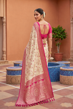 Soft Silk Banarasi Saree With Unstitched Blouse(White)
