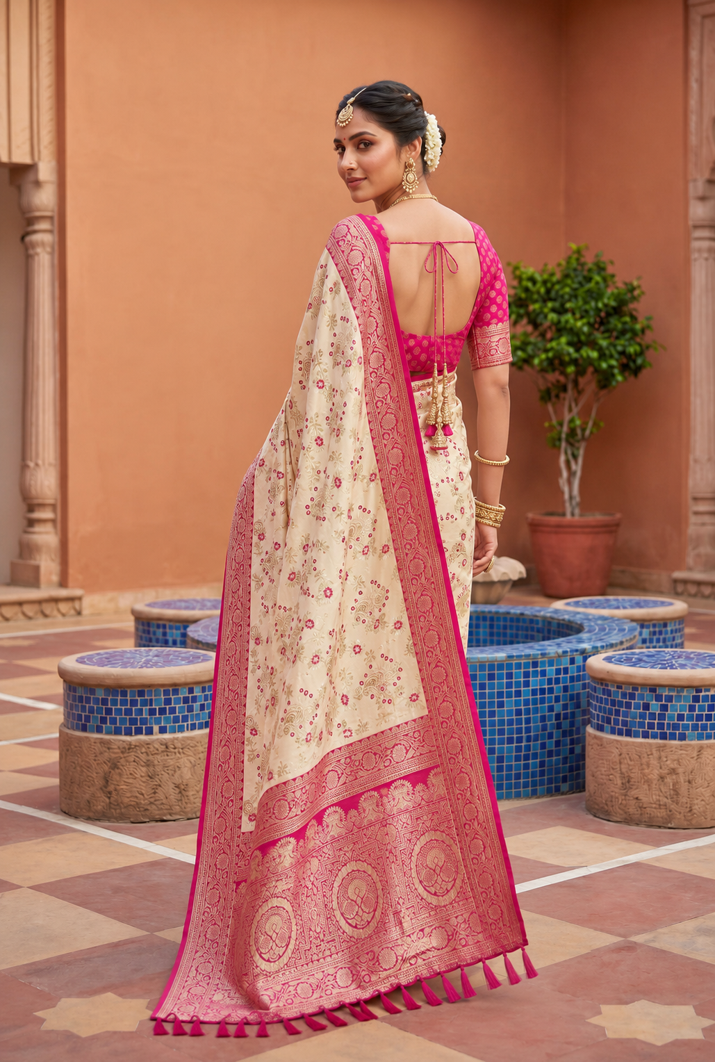 Soft Silk Banarasi Saree With Unstitched Blouse(White)