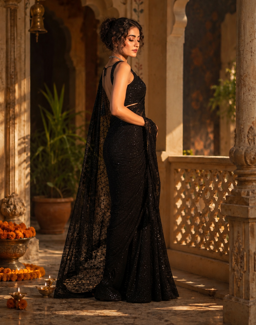 Soft Net  Sequins Embroidery Work  Border Scallop  Saree With Unstitched Blouse (Black)