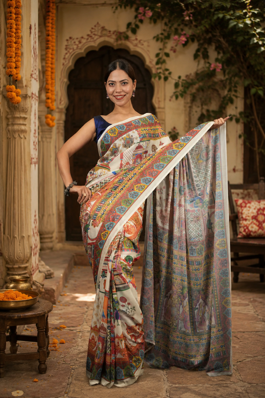 Georgette Digital Print Mirror Work Saree With Unstitched Blouse(White)