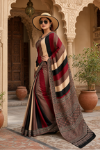 Muslin Silk Ajrakh Printed Saree With Unstitched Blouse(Maroon)